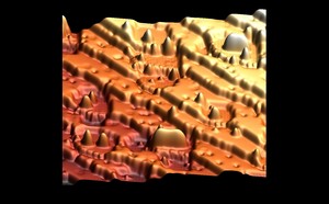 This scanning tunneling microscope image shows a 28-nanometer square area of terraced copper and copper nitride.