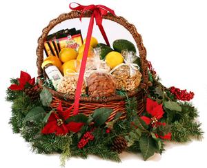 Limoneira Company's Gourmet Holiday Fruit Gift Basket<br>includes four Hass avocados, four Blood oranges,<br>four premium lemons, four Meyer lemons, four guacamole<br>seasoning packs, a 12 oz. jar of Heritage Valley<br>honey, pistachios, almonds, cashews and walnuts.