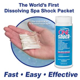 'ONE Shock(TM)' is the convenient, 'no touch' way to deliver<br> proven sanitizer and shock in ONE pre-measured dose. ONE<br> dissolving packet of 'ONEShock(TM),' is pre-measured to<br> deliver a sanitizing level of product to the average-sized<br> consumer hot tub without user exposure to chemicals.