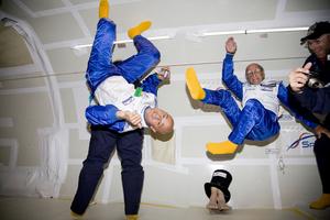 93-Year-Old Cesare Massano weightless aboard<br>G-FORCE ONE on April 28, 2007, supported by<br>SPACELAND's Mission Commander Doct. Eng. Carlo Viberti