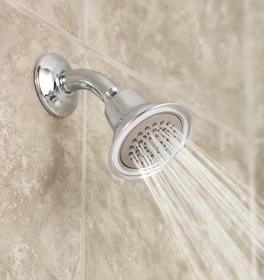 Moen's low flow showerhead uses 30 percent less water without sacrificing the shower's performance.