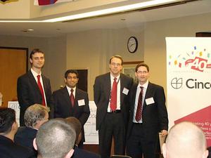 Best Elevator Pitch on Wheels! 
Cincom Finance Director Dan Vogel with the 2008 Taxi/Limo Round award winners Darius Kaulius, Gokul Kumar, Thomas Triantafillou, M.D. from the University of Illinois - Chicago 
