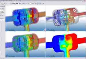 The new multi-view mode in CFdesign v10. Synchronous navigation allows the simulation in each view to be rotated, zoomed, and explored.