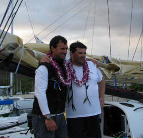 Richard Clarke and Philippe Kahn in Honolulu after setting a new double-handed record from San Francisco to Hawaii