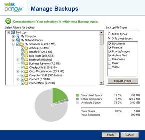 A single screen controls PCNow's automatic file backups.