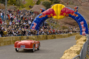 Team Save Ferris drives into first place at the Red Bull Soapbox Race in Denver's Red Rocks Park.
Photo credit Red Bull Photofiles