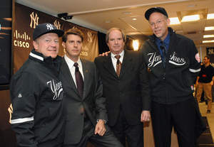 John Chambers, Cisco Chairman and CEO, Hal Steinbrenner, Yankees EVP,  Lonn Trost, Yankees COO and Ron Ricci, Cisco VP discuss new Cisco fan-facing technology being deployed in the new Yankees Stadium at Cisco offices in New York, New York on November 11, 2008 