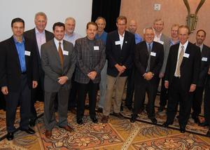 On hand to congratulate winners at the seventh annual AutocheX Premier Achiever Award ceremony were, from left to right: Jim Gadberry, Jim Lindner, Jason Bertellotti, Rick Lewis, Terry Fortner, Jim Okun, Allan C. Robinson, Gary Reichenbach, Ray Kihara, Darcy Gorchynski, Mike Wilson, Randy Hanson, Nicholas Bomarito