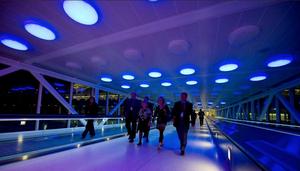 Using the TYZX Person-tracking solution, Electroland's installation illuminates lights in response to the movements of pedestrians at Indianapolis International Airport.