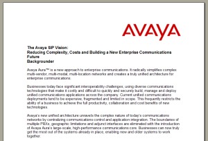 The Avaya SIP Vision:<br>
Reducing Complexity, Costs and Building a New Enterprise Communications Future <br>
Backgrounder