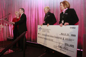 Medline President Andy Mills presents National Breast Cancer Foundation (NBCF) President Janelle Hail with a check for $100,000 to help fund mammograms for underserved women.  Over the past four years, Medline has donated more than $350,000 to the NBCF as part of its campaign to promote early detection and awareness of breast cancer.