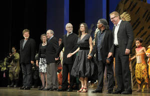 Disney's THE LION KING celebrates its Las Vegas premiere at the Mandalay Bay with members of the original creative team. (L to R), Book writers Roger Allers and Irene Mecchi, Lighting design Donald Holder, Scenic Design Richard Hudson, Creator/Director Julie Taymor, Choreographer Garth Fagan and Orchestrator Mark Mancina. Friday, May 15, 2009. (Las Vegas News Bureau, Bob Brye).