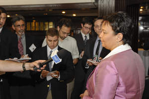 Lisa P. Jackson, Administrator, U.S. Environmental Protection Agency takes questions from reporters following her keynote address at the 20th Annual Energy Efficiency Forum hosted by Johnson Controls and the U.S. Energy Association. Her remarks centered on why energy efficiency is critical to America's future.