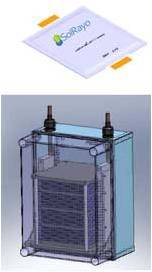 Top: SolRayo ultracapacitor cell; simple, stackable, flexible design for a multitude of applications. Bottom: Ultracapacitor units can be stacked and wired in series or in parallel to meet the desired needs.  This is the module design SolRayo plans to use for the renewable energy application funded by the State of Wisconsin grant.
