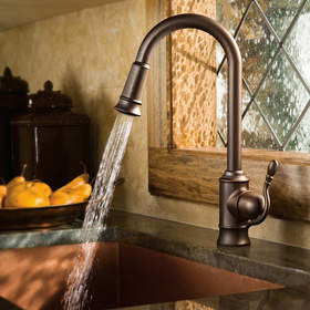 The Woodmere(R) faucet from ShowHouse(R) by Moen(R)offers superior functionality for a variety of kitchen tasks. The pulldown wand features three functions (pause/spray/stream) with a unique patented pause button, which enables consumers to conveniently pause the water flow from the wand without turning off the water source.