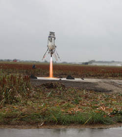 The Armadillo Northrop Grumman Lunar Lander Challenge rocket, Scorpius launches from the pad.<br> 
Photo Credit: William Pomerantz/ X PRIZE Foundation

