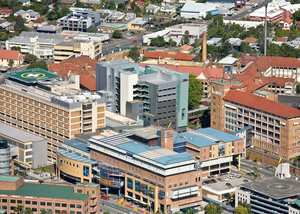 Aerial view of the Mater South Brisbane complex which includes Mater Mothers' Hospitals, Mater Children's Hospitals and Mater Adult Hospital 