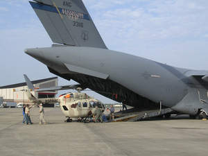 The fifth helicopter is loaded onto a C-17 aircraft, validating the ability to transport five UH-72A Lakota Light Utility Helicopters. U.S. Army photo.
