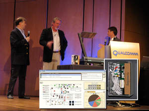 EcoDog founder & CEO Ron Pitt (center) presents the FIDO Home Energy Watchdog system to CommNexus Gadget Fest moderators Andy Abramson and Ken Rutkwoski. Inserts show a FIDO software screen and circuit breaker interface hardware.
