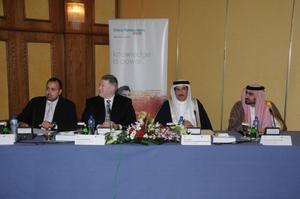 seated left to right -- Tarek Ghoul, general manager, Cisco Gulf; Duncan Mitchell, senior vice president, Cisco Emerging Markets East; His Excellency Shaikh Ahmed bin Ateyatallah Al Khalifa, minister of Cabinet Affairs, the kingdom of Bahrain; Mr. Mohammed Ali Al Qaed - eGovernment Authority Chief Executive Officer