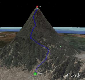 A MotionX-GPS track up Guatemala's Volcano Santa Maria shown in Google Earth. The route was taken during the GVI Volcano Charity Challenge. 
