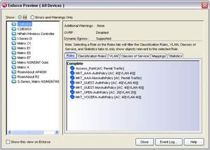 A screen capture from Enterasys NMS Policy Manager highlights one-click policy distribution for wired/wireless networks.