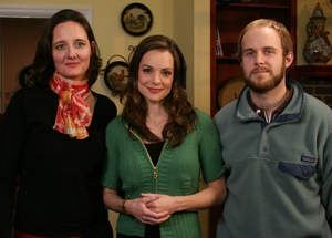 Kimberly Williams-Paisley (Center) with NPT producers Mary Makley (left) and Will Pedigo on the set during the taping of introductions for NPT's new documentary series NPT REPORTS: CHILDREN'S HEALTH CRISIS. (Credit: Joe Pagetta/NPT)