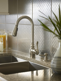 The perfect example of a Remodel-Lite project is installing a new kitchen faucet ¿ it¿s 
the focal point and most-used item in the kitchen.  When selecting a new kitchen faucet, look for a high-arc style with pulldown functionality.  Models, such as the Moen® Anabelle Eco-Performance faucet, feature this unique design ¿ with the added benefit of up to 32 percent water savings.  
