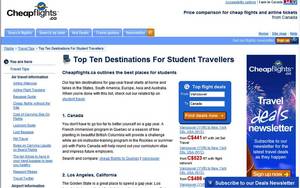 Screenshot of Cheapflights.ca's Top Ten Destinations for Student Travellers