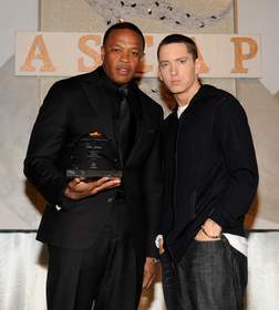 Dr. Dre and Eminem onstage at the 23rd annual ASCAP Rhythm & Soul Music Awards