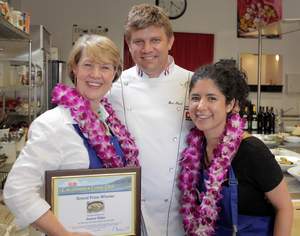 DOLE California Cook Off Grand Prize Winner Janice Elder from Charlotte, NC with Chef Ben Ford from Ford's Filling Station and blogger Gabriela Lopez of Gabriela's Kitchen