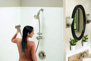 New Caldwell Shower Combination from Moen features both a five-setting wallmount showerhead and a five-setting hand held showerhead 