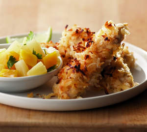 Coconut Chicken with Pineapple-Mango Salsa