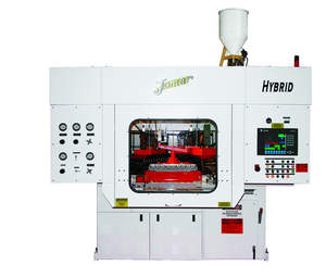 Jomar's new 85S HYBRID Injection Blow Molding machine features an electric screw drive rather than a hydraulic drive unit. Energy consumption is reduced by 36% compared with the standard Jomar machine that has the vertical plastifier and by 50% compared with a reciprocating screw machine.