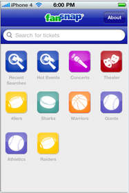 FanSnap Tickets iPhone Application home screen