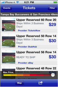FanSnap Tickets Application for iPhone showing the view from your section