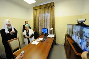 His Holiness Patriarch Kiril I, Patriarch of Moscow and All Russia, visiting the telemedicine center at Valaam Monastery