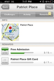 SCVNGR -- Patriot Place location rewards status
