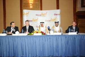(L-R): Tarek Ghoul, Director and General Manager Cisco Gulf, Duncan Mitchell, Senior Vice President, Emerging Markets, Cisco, His Excellency Sheikh Ahmed bin Atteyatallah Al Khalifa, Minister of Cabinet Affairs, Minister Responsible for Telecommunications Sector, the kingdom of Bahrain, Mohamed Ali Al Qaed, eGovernment Authority CEO, Dale Millar, Director, Emerging Markets Cisco.