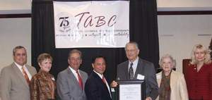 The TABC honors Del Papa Distributing as one of its oldest licensed beer distributors. From left: Mike Ferlet, Del Papa VP of business relations and industry affairs, and his wife, Marlisa; TABC Commissioner Steven Weinberg; TABC Chairman Jose Cuevas Jr.; Del Papa Board Chairman Lawrence Del Papa Sr., and his wife, JoAnn; and TABC Commissioner Melinda Fredricks.