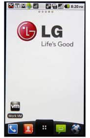 Screen shot of an LG Android smartphone showing an icon for VMware's mobile virtualization solution. By simply touching the icon, user can switch between isolated work and personal phones on a single device with two phone numbers. (LG Electronics, Inc.) 