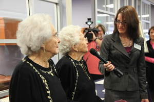 Lockheed Federal Credit Union's Andrea Carpenter, Senior Vice President of Marketing, right, asks Venice Shaw and member Inez Harries how they have lived such long and healthy lives. They attribute their longevity to good food and exercise. Lockheed Federal Credit Union hosted the milestone birthday celebration for the identical twins on January 12 in Burbank. (Photo credit: James Davis) 