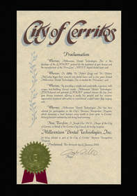 Proclamation from the City of Cerritos Business Recognition Program recognizing Millennium Dental Technologies, Inc.
