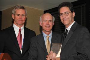 Dr. Ronald Oudiz, from LA BioMed (right) accepts the Pulmonary Hypertension Association Award of Excellence in Pulmonary Arterial Hypertension Care from Dr. Gregory Elliot (center) and Dr. David Badesch (right) during a reception on May 16.  The award -- provided through a grant from Actelion Pharmaceuticals US -- recognizes excellence in research and clinical practice for physicians who treat pulmonary arterial hypertension, a progressive and often fatal disease.