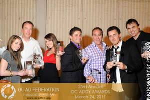 The Skiver Advertising Team accepted 14 awards at the 23rd annual Orange County Addy Award ceremony. From left to right:  Heather O'Neil, Rob Pettis, Azra Trumic, Aaron Zide, Jeremy Skiver, Derek Hall, Tom Blinn.