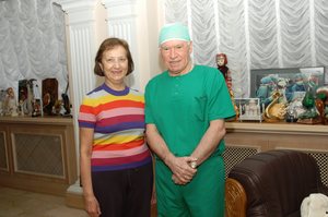 Russian Total Artificial Heart recipient Tatyana post-transplant with her surgeon Prof. Leo Bockeria. Less than two weeks after receiving SynCardia's Total Artificial Heart, Tatyana was able to visit her new grandson at a local maternity hospital. After 180 days of life at home with the Freedom(R) portable driver, Tatyana received her matching donor heart.