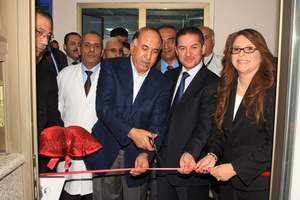 His Excellency Dr. Abdellatif Woreikat, Jordan's Minister of Health, cuts the ribbon to mark the official launch of the Cisco HealthPresence Clinic at the Al-Mafraq Hospital today. (Cisco)