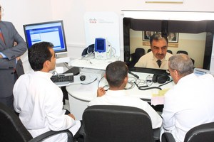 Specialists at the Al-Mafraq Governmental Hospital (MGH), in the north-east of Jordan, connect with specialists at Prince Hamzah Hospital (PHH) in Amman, using Cisco's HealthPresence solution. (Cisco)