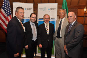 L-R: Executives from Dairymaster and Select Sires meet Ireland's Minister for Jobs, Enterprise and Innovation, Richard Bruton in Atlanta during the Enterprise Ireland trade mission to the region. L-R: Dr. Ray Nebel, VP of Technical Service Programs, Select Sires; Dr. Edmond Harty, Technical Director, Dairymaster; Minister Bruton; Mike Piche, VP Dairymaster USA & Fergus O'Meara, International Sales Manager, Dairymaster