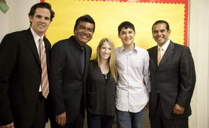 Mayor Antonio Villaraigosa and Comedian George Lopez help kick off S.H.O.W., a student incentive program at all Partnership for Los Angeles High Schools. Pictured from left to right: Marshall Tuck, CEO, Partnership for LA Schools; Comedian George Lopez; Linsey Barnett, S.H.O.W. founding member; Danny Belgrad, S.H.O.W. LA President, Mayor Antonio Villaraigosa. Photographer: Pascal Shirley.